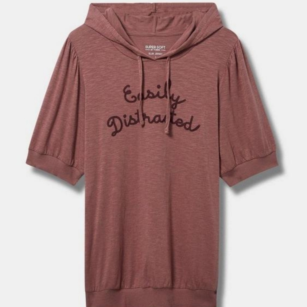 Easily Classic Fit Slub Puff Sleeve Embroidered Lightweight Hoodie